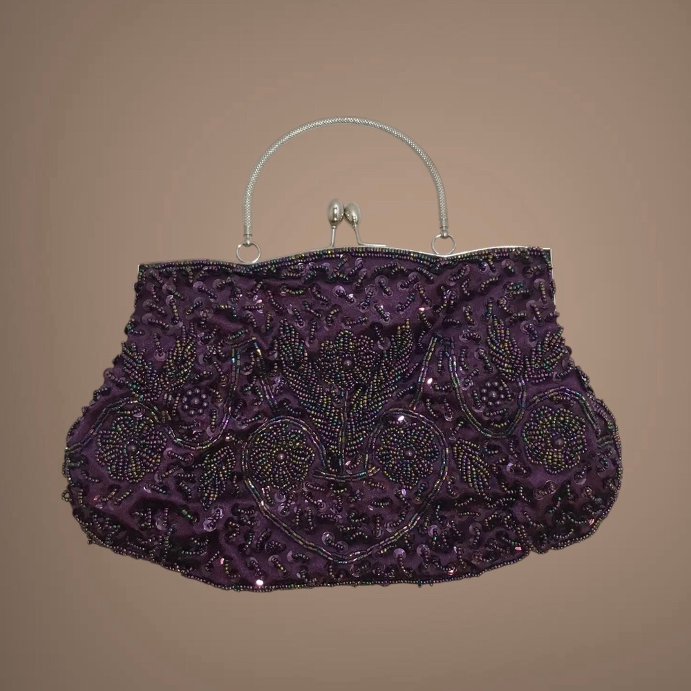 Beautiful Purple Beaded Clutch Purse/Bag with silver metal detail, Satin, Small